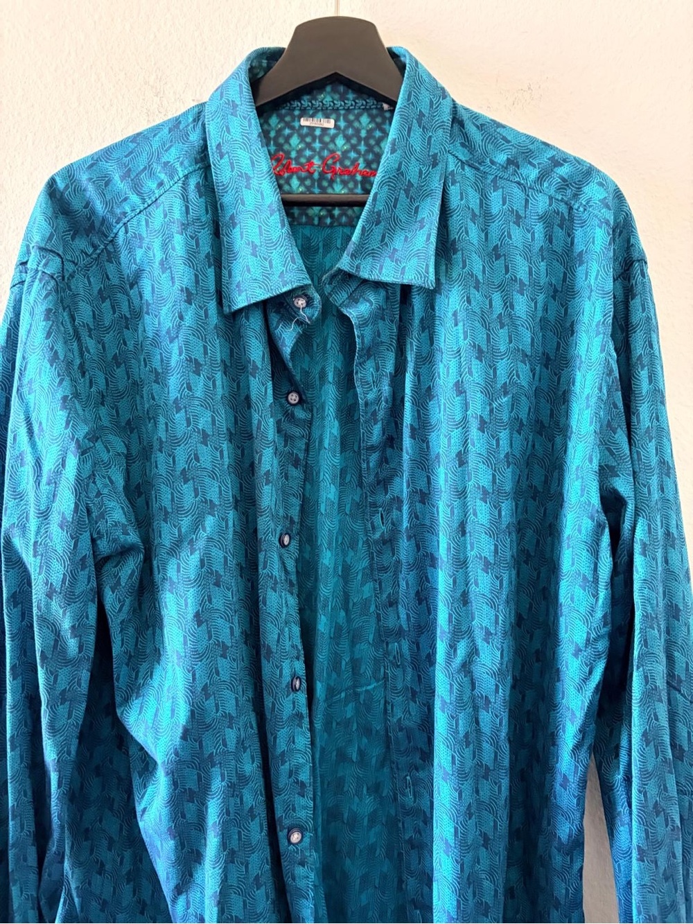 Robert Graham Turquoise Patterned Collared Shirt with Red Logo